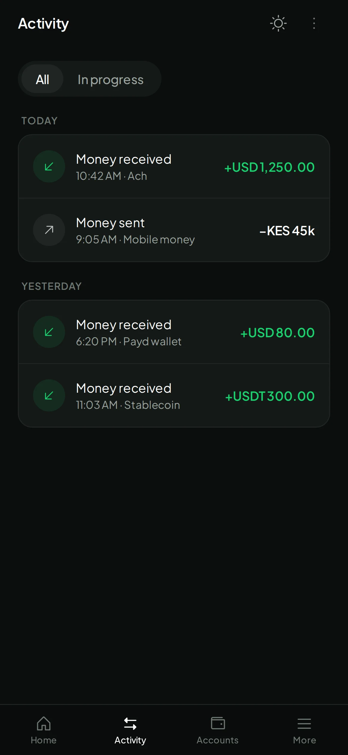 Payd activity showing USDT received