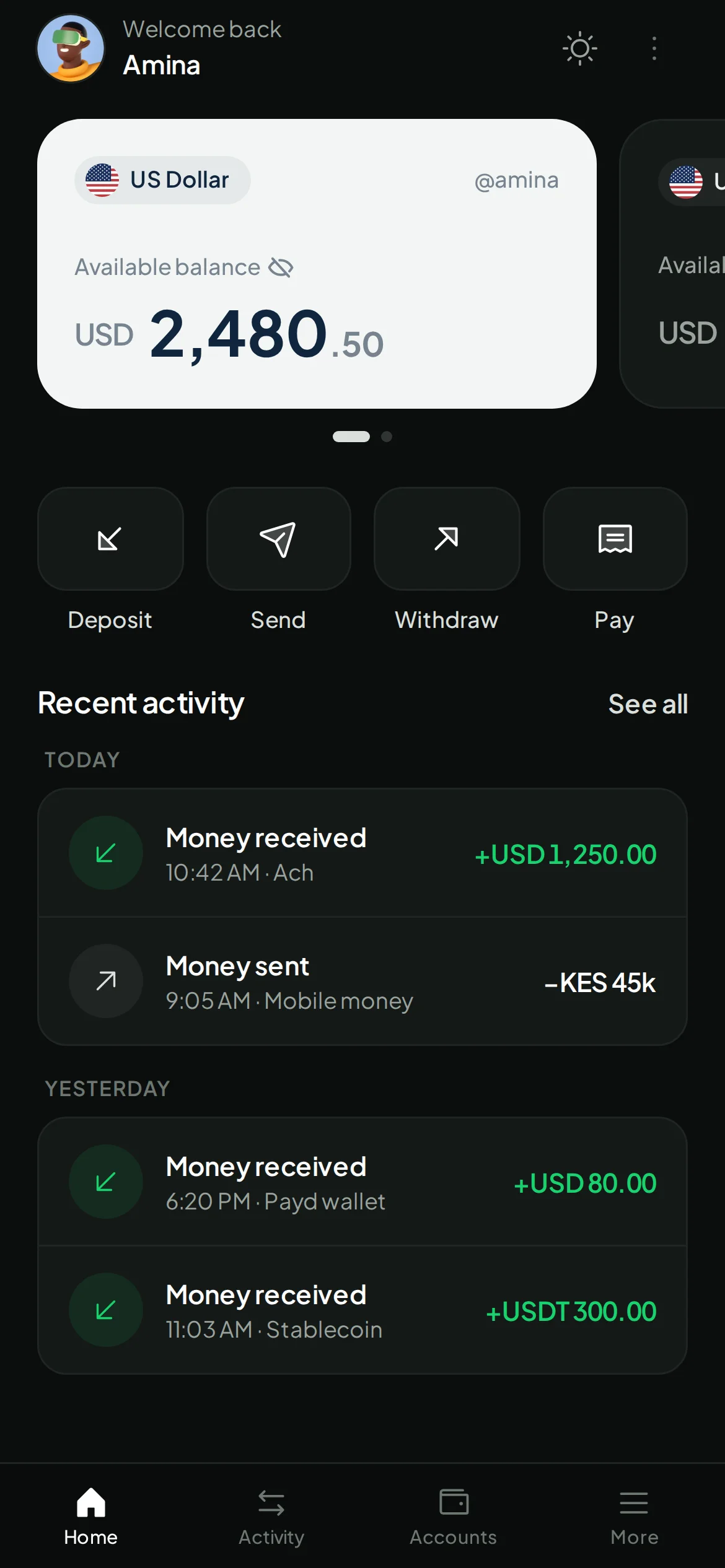 The Payd app home screen with a US dollar balance and recent payments