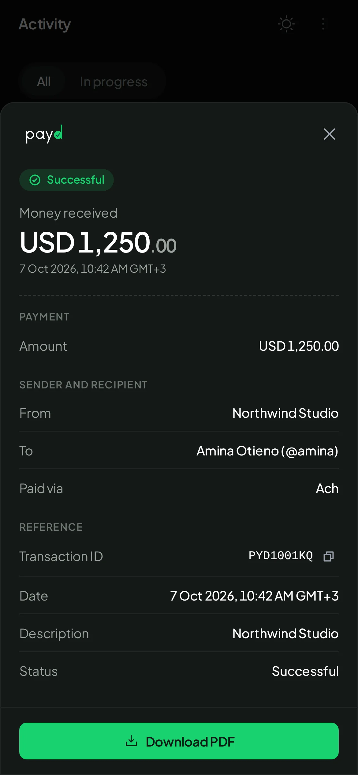 A receipt for $1,250 received from Northwind Studio
