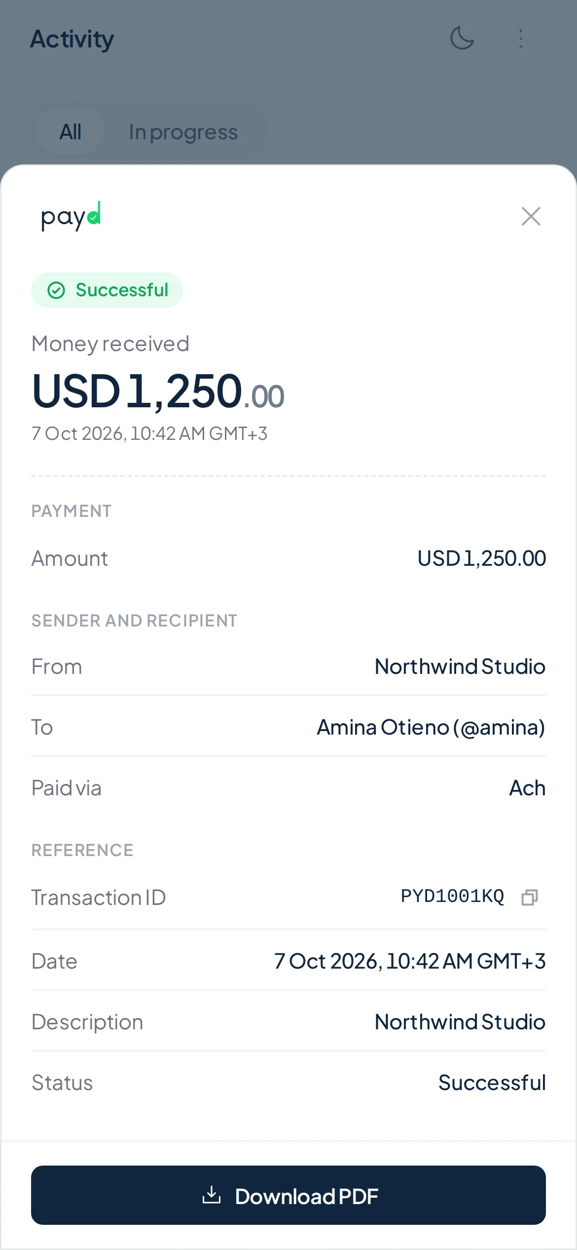 A receipt for $1,250 received from Northwind Studio