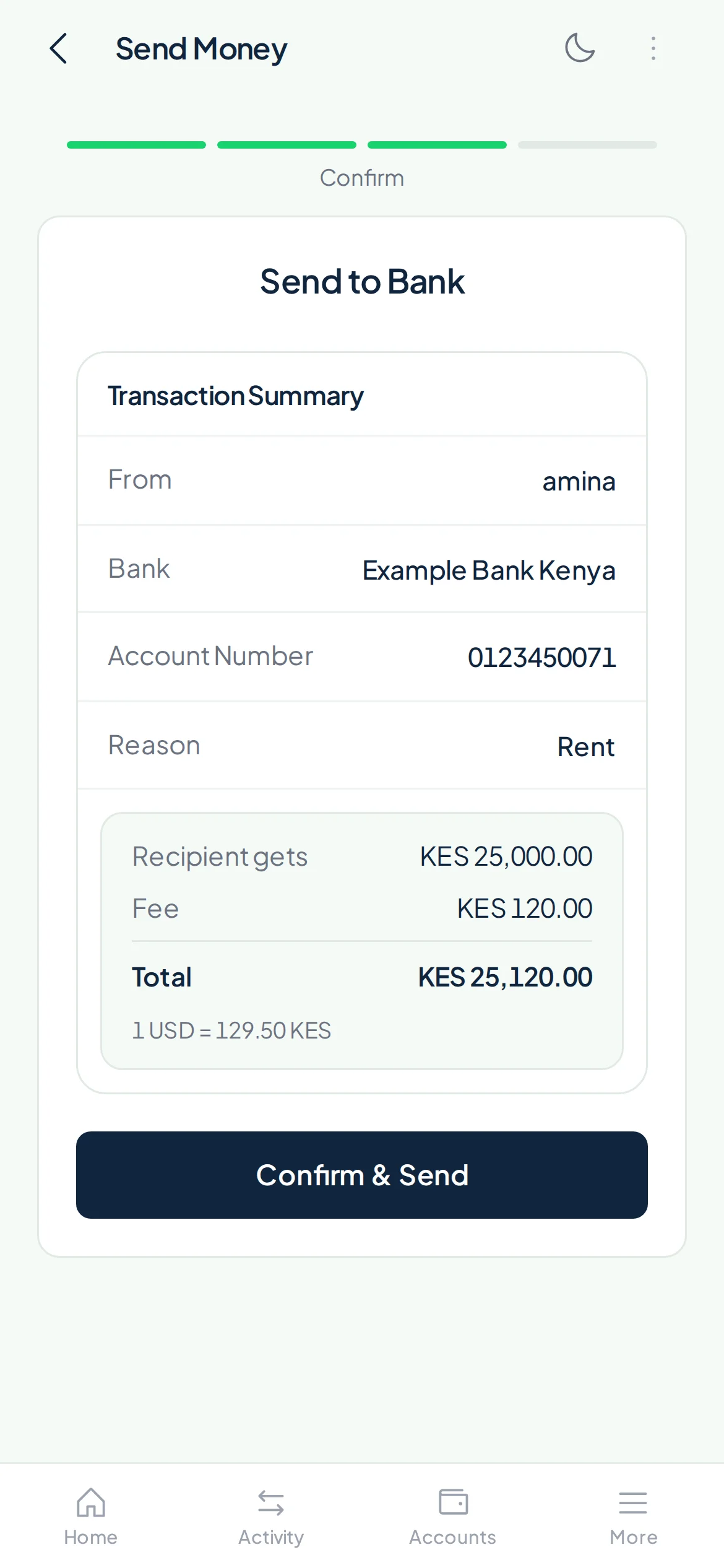 Confirming a KES 25,000 bank transfer with a KES 120 fee in the Payd app