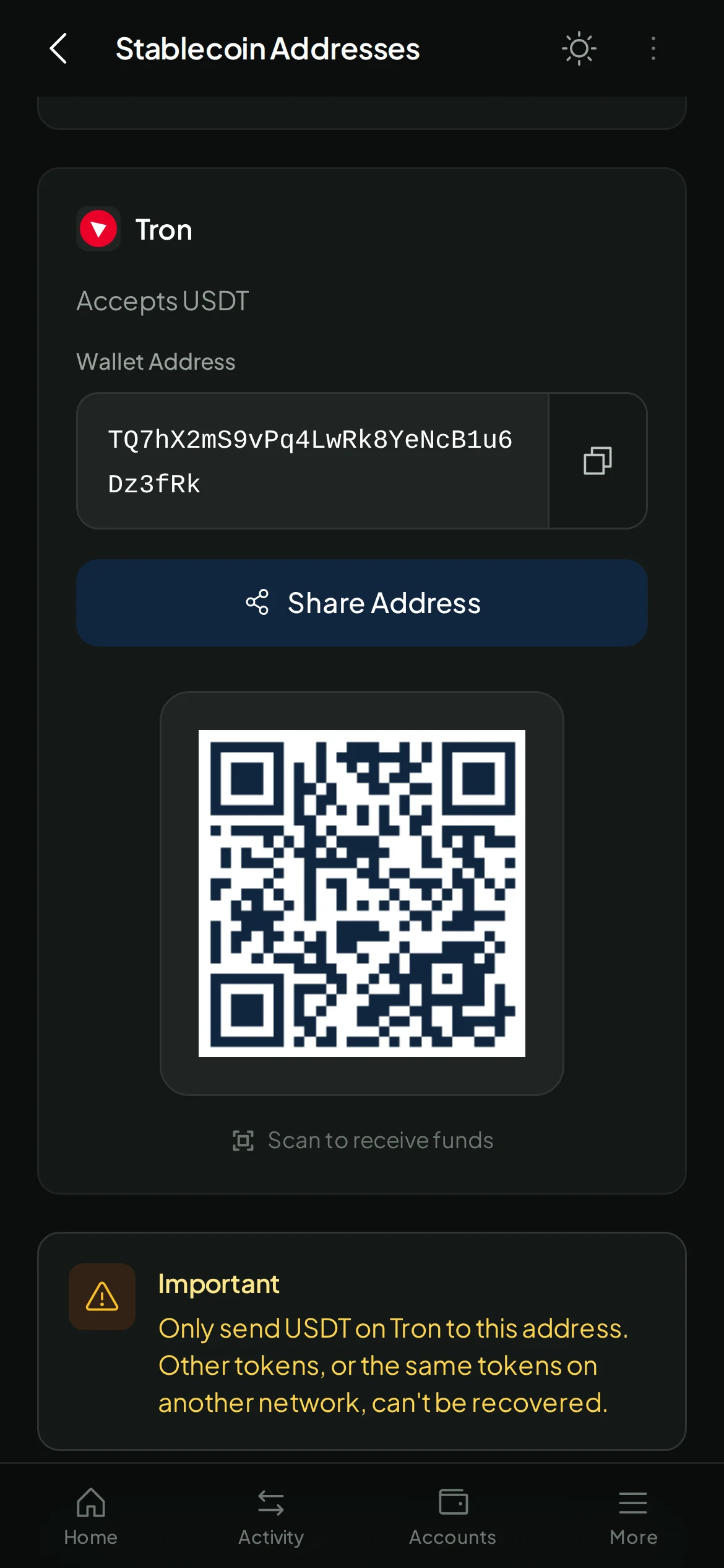 A USDT address on Tron with a QR code in the Payd app