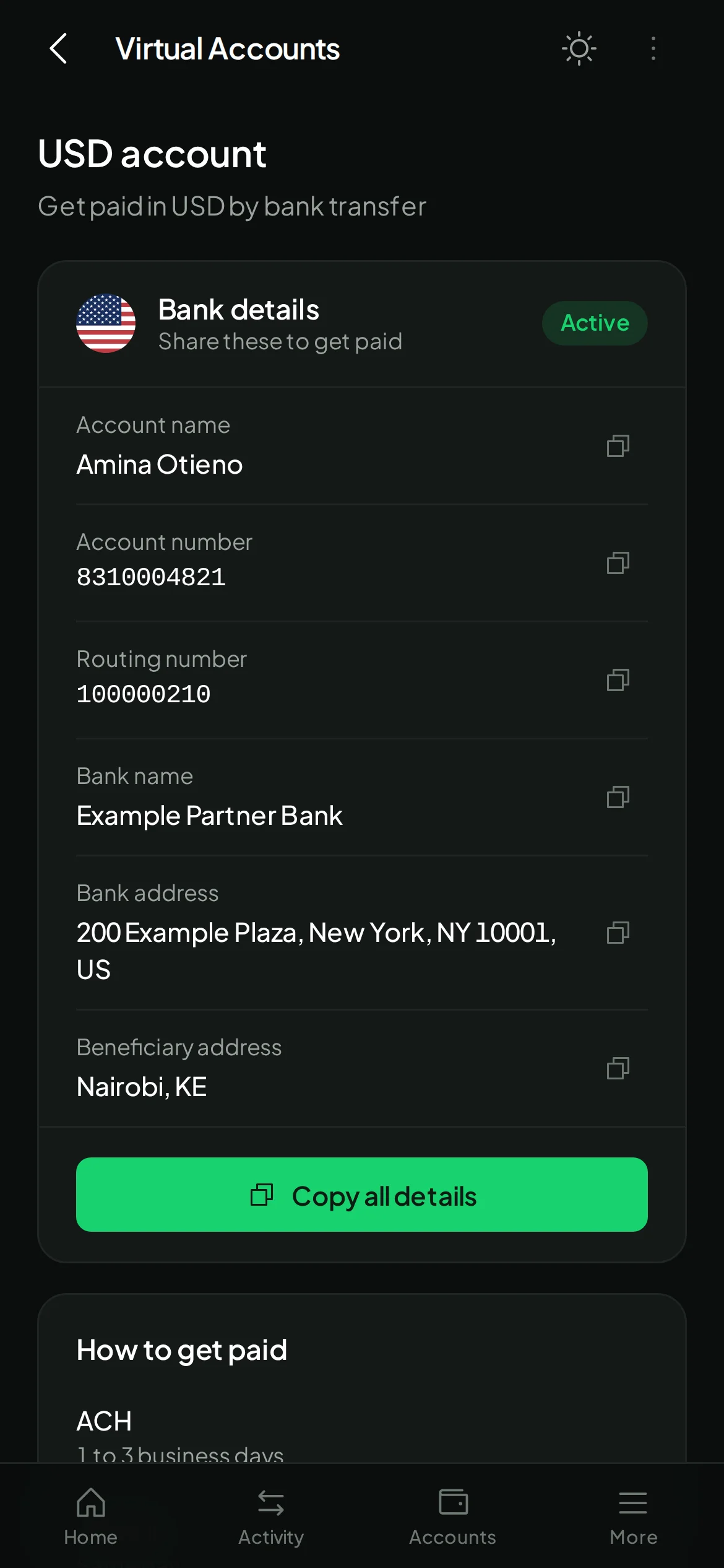USD account details for receiving ACH and wire payments