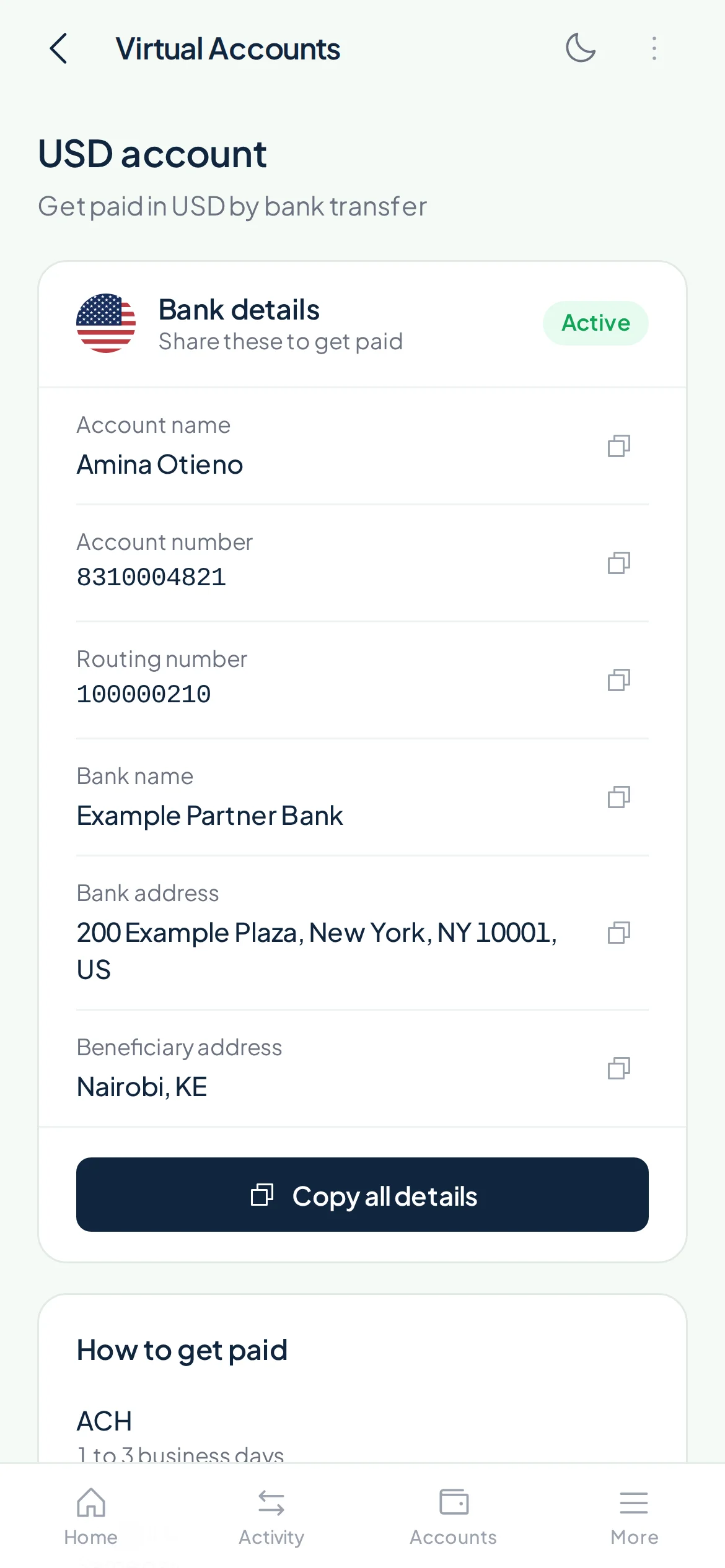 USD account details for receiving ACH and wire payments